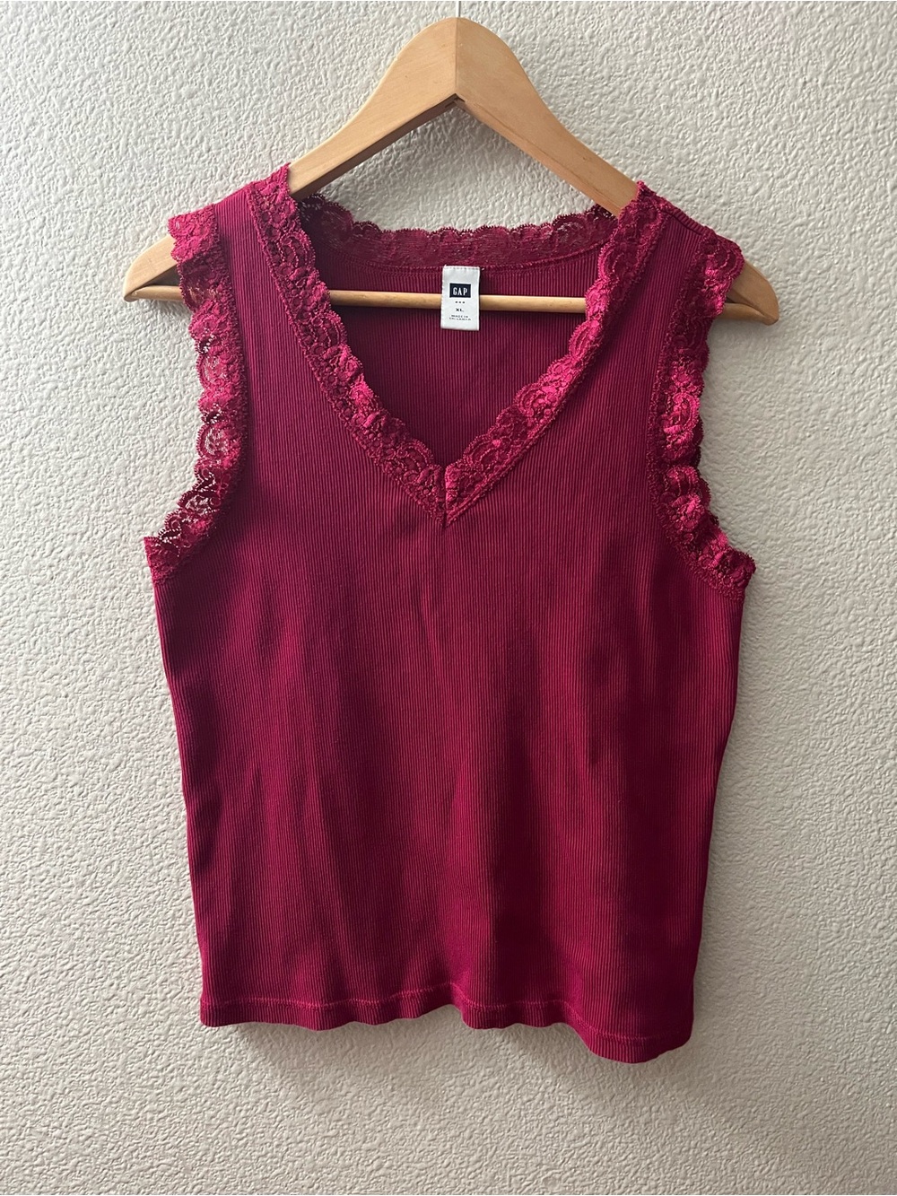 Vintage Y2K GAP Lace Trim Ribbed Cropped Tank Top Cotton Coquette XL